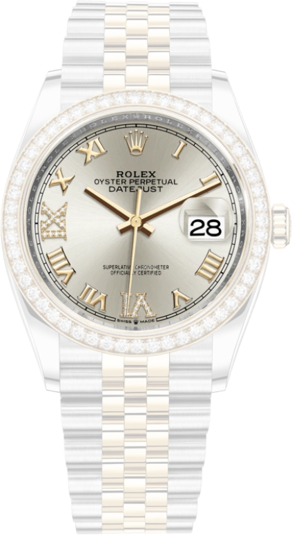 Rolex,Datejust 36 36mm,36mm,Yellow Gold,Stainless Steel,Silver,Automatic,Day,70hours,126283RBR,126283RBR-0017