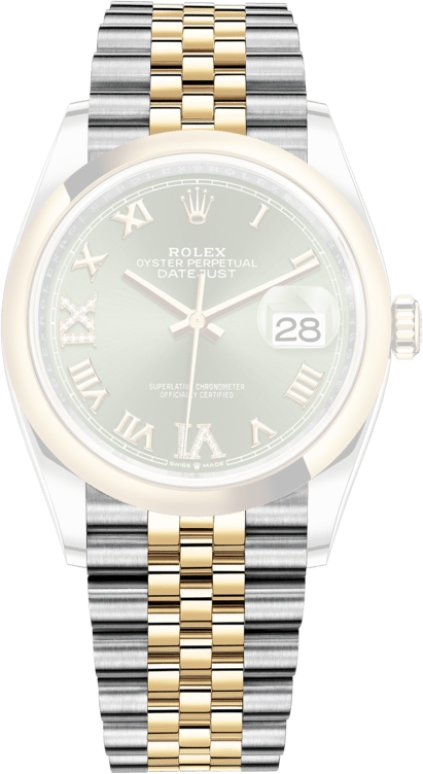 Rolex,Datejust 36 36mm,36mm,Yellow Gold,Stainless Steel,Green,Automatic,Day,70hours,126203,126203-0025