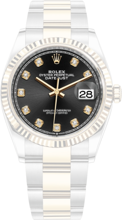Rolex,Datejust 36 36mm,36mm,Yellow Gold,Stainless Steel,Black,Automatic,Day,70hours,126233,126233-0022