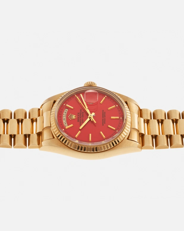 Rolex,Day-Date 36 36mm,36mm,Yellow Gold,Red,Automatic,Date,Day,1803 Stella Coral Red President