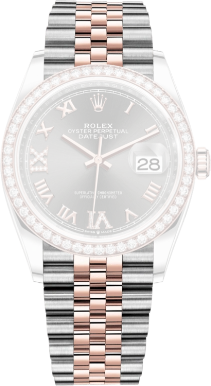 Rolex,Datejust 36 36mm,36mm,Rose Gold,Stainless Steel,Grey,Automatic,Day,70hours,126281RBR,126281RBR-0011