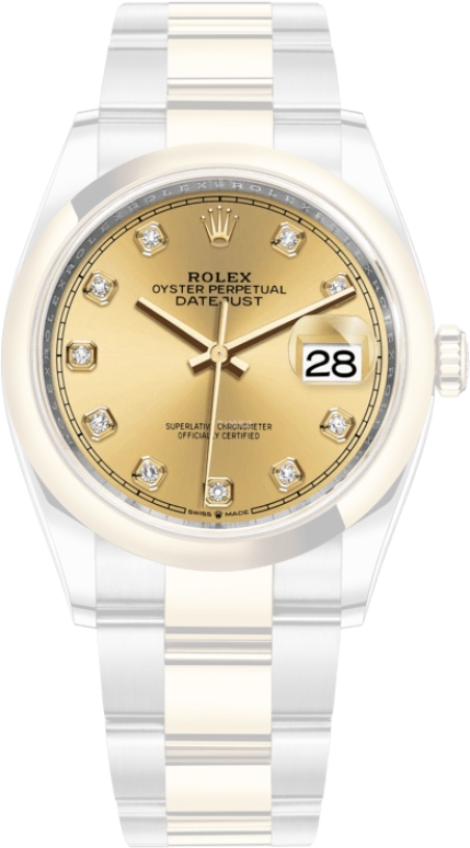 Rolex,Datejust 36 36mm,36mm,Yellow Gold,Stainless Steel,Champagne,Automatic,Day,70hours,126203,126203-0018