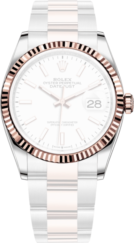 Rolex,Datejust 36 36mm,36mm,Rose Gold,Stainless Steel,White,Automatic,Day,70hours,126231,126231-0018