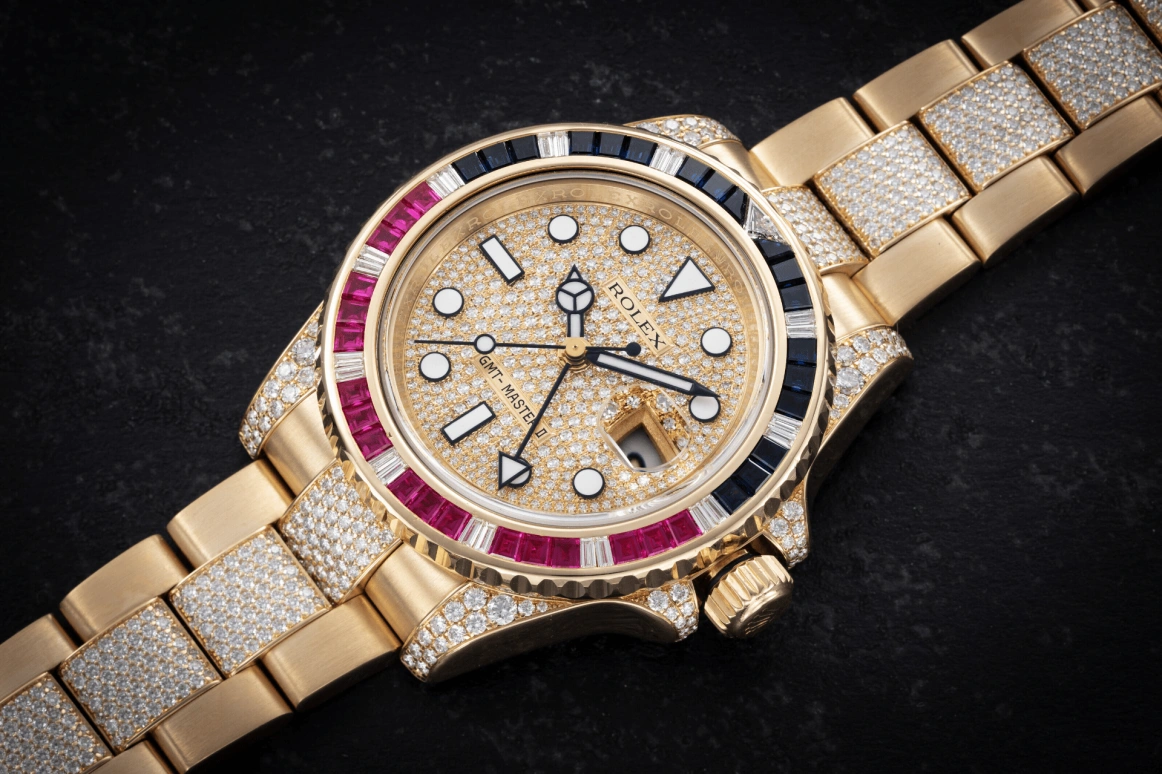 Rolex,GMT-Master II 40mm,40mm,Yellow Gold,Silver,Gold,Automatic,Day,Dule Time,116758SARU,116758SARU-Pave Diamond