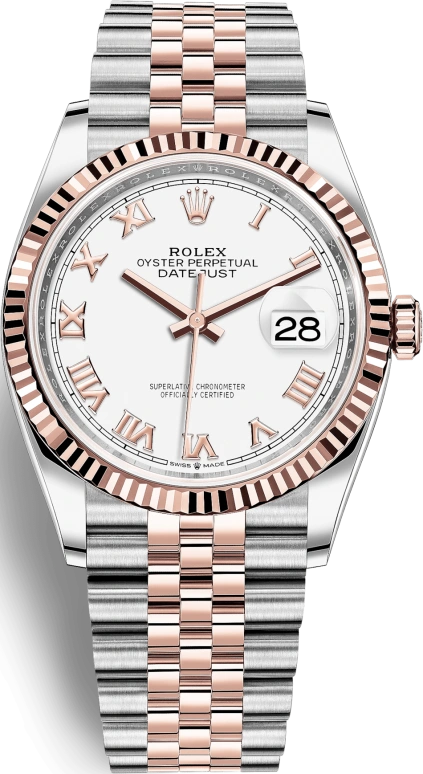 Rolex,Datejust 36 36mm,36mm,Rose Gold,Stainless Steel,White,Automatic,Day,70hours,126231,126231-0015