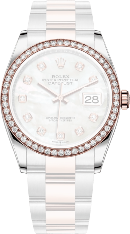 Rolex,Datejust 36 36mm,36mm,Rose Gold,Stainless Steel,White,Automatic,Day,70hours,126281RBR,126281RBR-0010