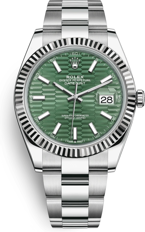 Rolex,Datejust 41 41mm,41mm,White Gold,Stainless Steel,Green,Automatic,Day,70hours,126334,126334-0029