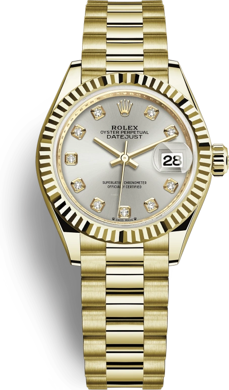 Rolex,Lady-Datejust 28mm,28mm,Yellow Gold,Silver,Automatic,Day,55hours,279178,279178-0015