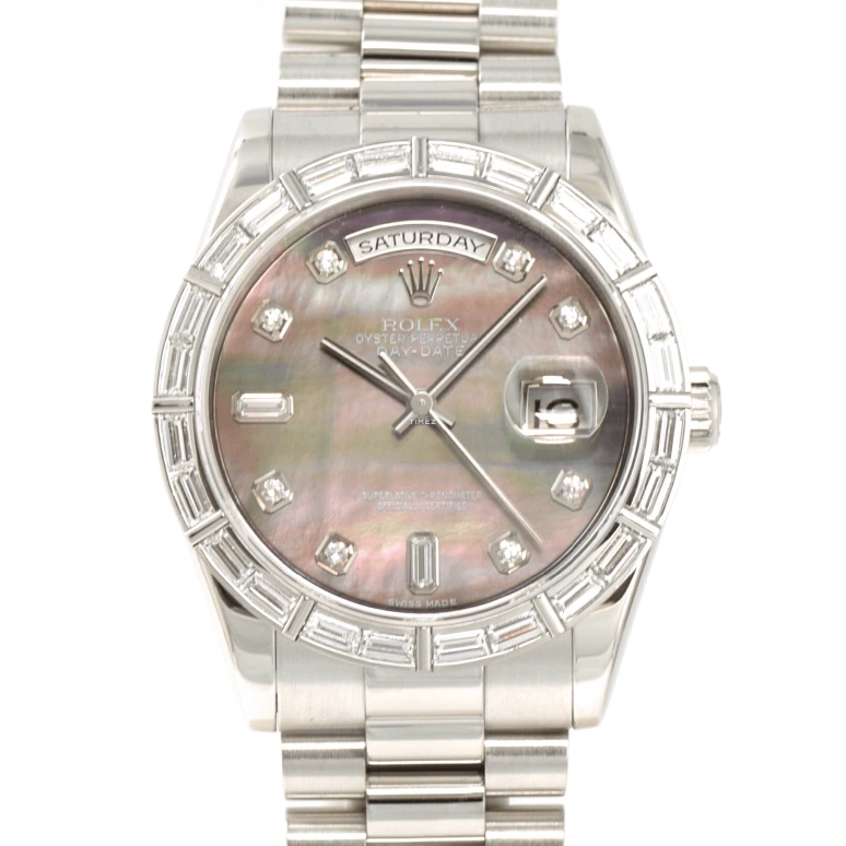 Rolex,Day-Date 36 36mm,36mm,Platinum,Black,Automatic,Date,Day,118366 MOP