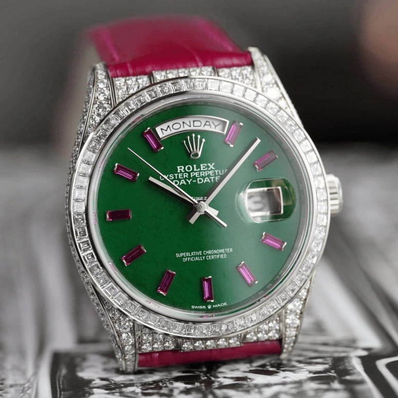 Rolex,Day-Date 36 36mm,36mm,White Gold,Green,Automatic,Date,Day,128459TBR
