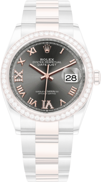 Rolex,Datejust 36 36mm,36mm,Rose Gold,Stainless Steel,Grey,Automatic,Day,70hours,126281RBR,126281RBR-0012