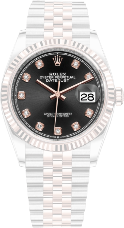 Rolex,Datejust 36 36mm,36mm,Rose Gold,Stainless Steel,Black,Automatic,Day,70hours,126231,126231-0019