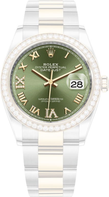 Rolex,Datejust 36 36mm,36mm,Yellow Gold,Stainless Steel,Green,Automatic,Day,70hours,126283RBR,126283RBR-0012