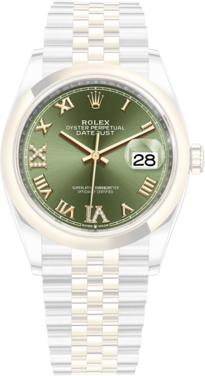 Rolex,Datejust 36 36mm,36mm,Yellow Gold,Stainless Steel,Green,Automatic,Day,70hours,126203,126203-0025