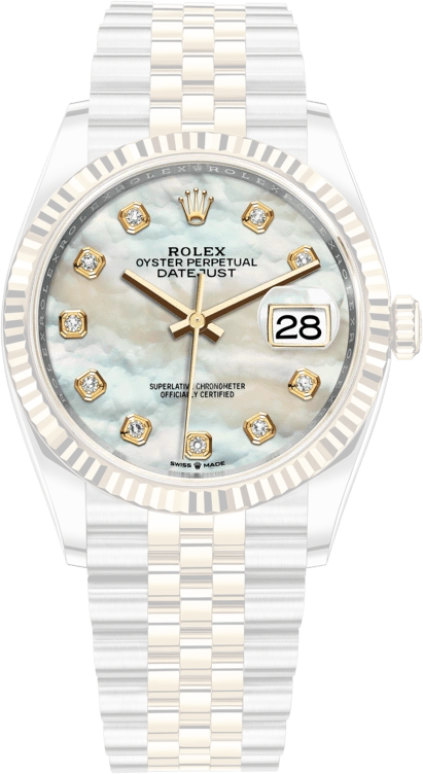 Rolex,Datejust 36 36mm,36mm,Yellow Gold,Stainless Steel,White,Automatic,Day,70hours,126233,126233-0023