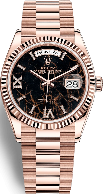 Rolex,Day-Date 36 36mm,36mm,Everose Gold,Black,Automatic,Day,70hours,128235,128235-0041