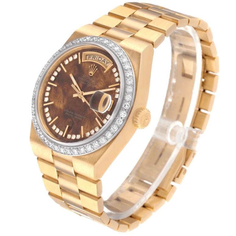 Rolex,Day-Date 36 36mm,36mm,Yellow Gold,Brown,Quartz,Date,Day,19048 Wood Diamond