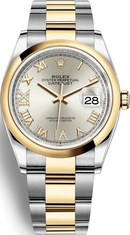 Rolex,Datejust 36 36mm,36mm,Yellow Gold,Stainless Steel,Silver,Automatic,Day,70hours,126203,126203-0032