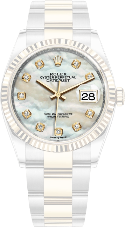 Rolex,Datejust 36 36mm,36mm,Yellow Gold,Stainless Steel,White,Automatic,Day,70hours,126233,126233-0024