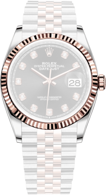 Rolex,Datejust 36 36mm,36mm,Rose Gold,Stainless Steel,Black,Automatic,Day,70hours,126231,126231-0019