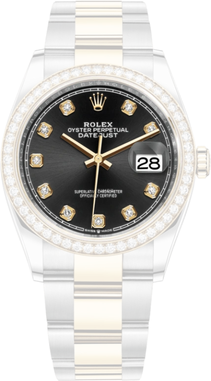 Rolex,Datejust 36 36mm,36mm,Yellow Gold,Stainless Steel,Black,Automatic,Day,70hours,126283RBR,126283RBR-0008