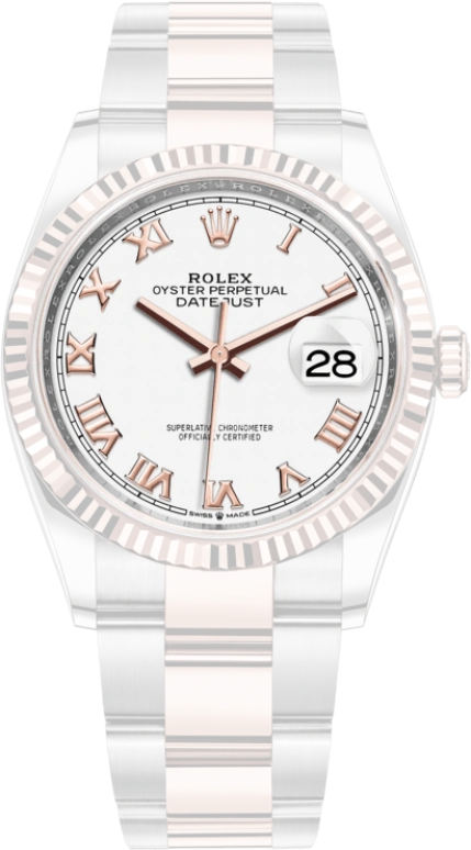 Rolex,Datejust 36 36mm,36mm,Rose Gold,Stainless Steel,White,Automatic,Day,70hours,126231,126231-0016