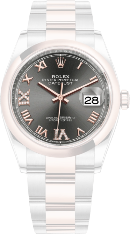Rolex,Datejust 36 36mm,36mm,Rose Gold,Stainless Steel,Grey,Automatic,Day,70hours,126201,126201-0024