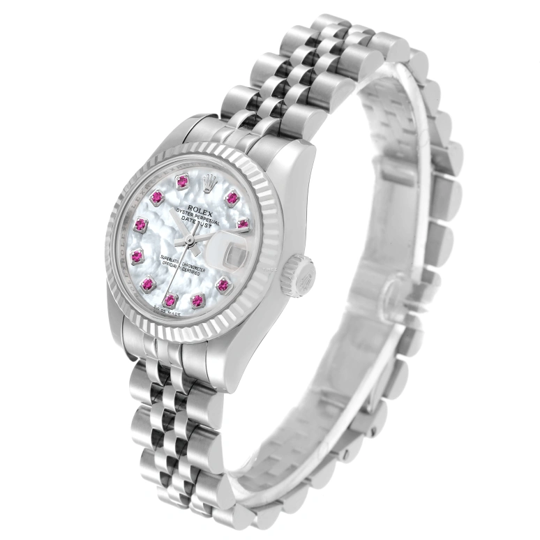 Rolex,Lady-Datejust 26mm,26mm,Stainless Steel,Silver White,White,Automatic,Day,48hours,179174 MOP Ruby
