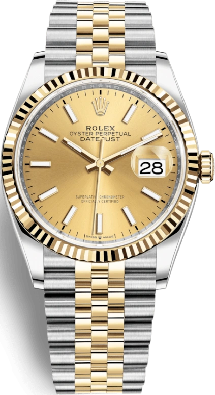 Rolex,Datejust 36 36mm,36mm,Yellow Gold,Stainless Steel,Champagne,Automatic,Day,70hours,126233,126233-0015