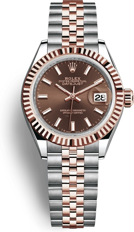 Rolex,Lady-Datejust 28mm,28mm,Rose Gold,Stainless Steel,Brown,Chocolate,Automatic,Day,55hours,279171,279171-0017