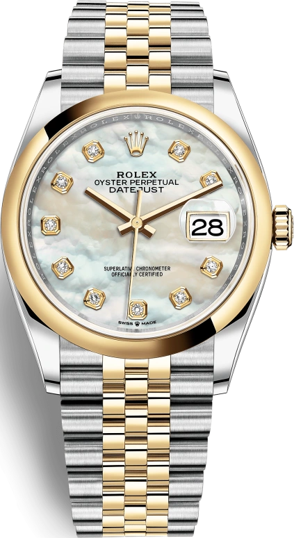 Rolex,Datejust 36 36mm,36mm,Yellow Gold,Stainless Steel,White,Automatic,Day,70hours,126203,126203-0023
