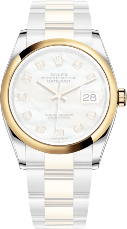 Rolex,Datejust 36 36mm,36mm,Yellow Gold,Stainless Steel,White,Automatic,Day,70hours,126203,126203-0024