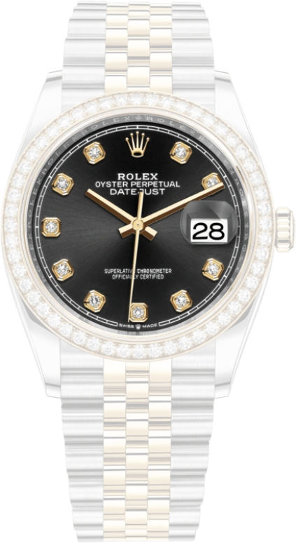 Rolex,Datejust 36 36mm,36mm,Yellow Gold,Stainless Steel,Black,Automatic,Day,70hours,126283RBR,126283RBR-0007