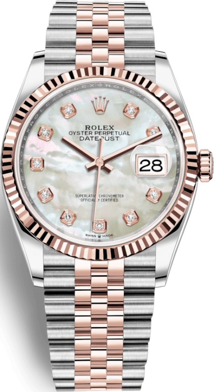 Rolex,Datejust 36 36mm,36mm,Rose Gold,Stainless Steel,White,Automatic,Day,70hours,126231,126231-0021