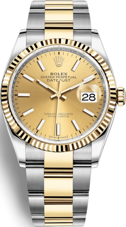 Rolex,Datejust 36 36mm,36mm,Yellow Gold,Stainless Steel,Champagne,Automatic,Day,70hours,126233,126233-0016
