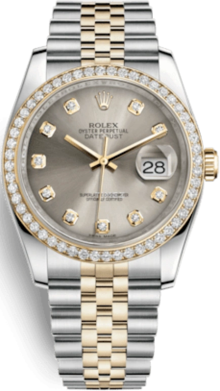 Rolex,Datejust 36 36mm,36mm,Yellow Gold,Stainless Steel,Grey,Automatic,Day,48hours,116243,116243-0023