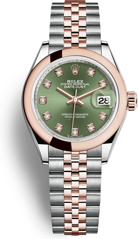 Rolex,Lady-Datejust 28mm,28mm,Rose Gold,Stainless Steel,Green,Automatic,Day,55hours,279161,279161-0007