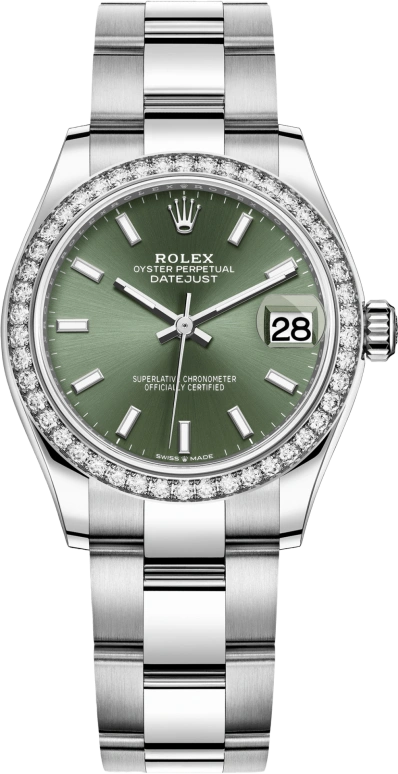 Rolex,Datejust 31 31mm,31mm,White Gold,Stainless Steel,Green,Automatic,Day,55hours,278384RBR,278384RBR-0021