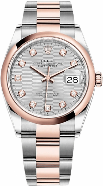 Rolex,Datejust 36 36mm,36mm,Rose Gold,Stainless Steel,Silver,Automatic,Day,70hours,126201,126201-0040