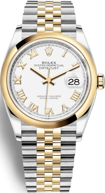 Rolex,Datejust 36 36mm,36mm,Yellow Gold,Stainless Steel,White,Automatic,Day,70hours,126203,126203-0029