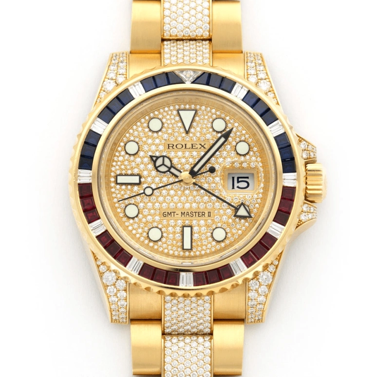Rolex,GMT-Master II 40mm,40mm,Yellow Gold,Silver,Gold,Automatic,Day,Dule Time,116758SARU,116758SARU-Pave Diamond