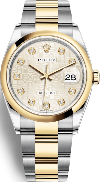 Rolex,Datejust 36 36mm,36mm,Yellow Gold,Stainless Steel,Silver,Automatic,Day,70hours,126203,126203-0028