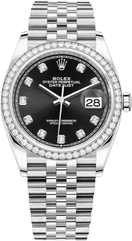 Rolex,Datejust 36 36mm,36mm,White Gold,Stainless Steel,Black,Automatic,Day,70hours,126284RBR,126284RBR-0019