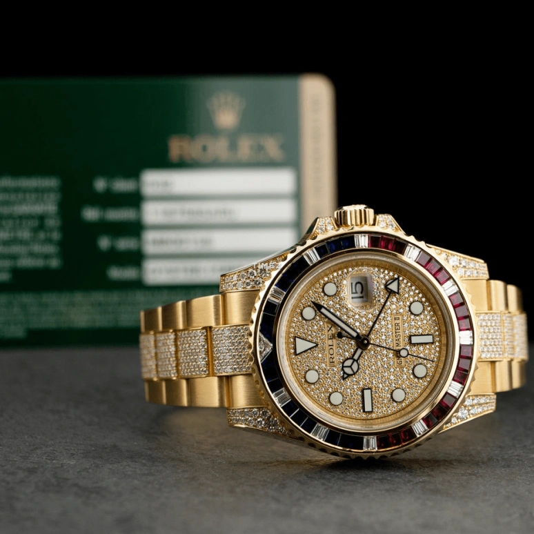 Rolex,GMT-Master II 40mm,40mm,Yellow Gold,Silver,Gold,Automatic,Day,Dule Time,116758SARU,116758SARU-Pave Diamond