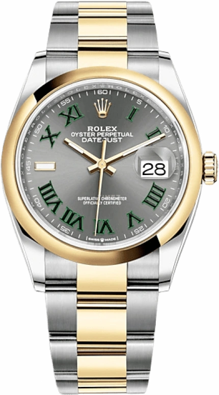 Rolex,Datejust 36 36mm,36mm,Yellow Gold,Stainless Steel,Grey,Automatic,Day,70hours,126203,126203-0036