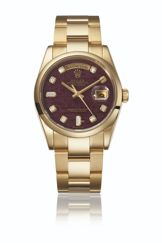 Rolex,Day-Date 36 36mm,36mm,Yellow Gold,Brown Red,Purple,Automatic,Date,Day,118208 Grossular garnet rubellite