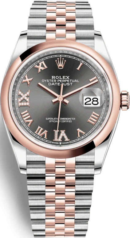 Rolex,Datejust 36 36mm,36mm,Oystersteel,Everose Gold,Grey,Automatic,Day,70hours,126201,126201-0023