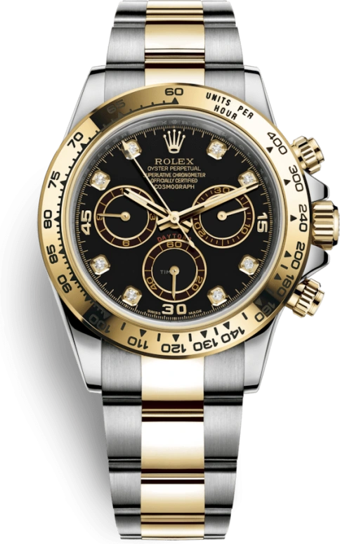 Rolex,Daytona 40mm,40mm,Yellow Gold,Stainless Steel,Black,Automatic,Chronograph,Column Wheel,116503,116503-0008