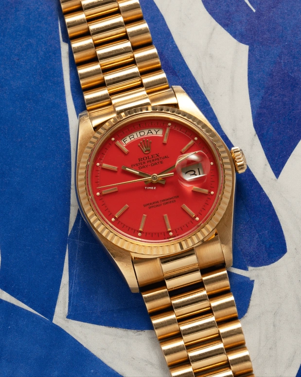 Rolex,Day-Date 36 36mm,36mm,Yellow Gold,Red,Automatic,Date,Day,1803 Stella Coral Red President