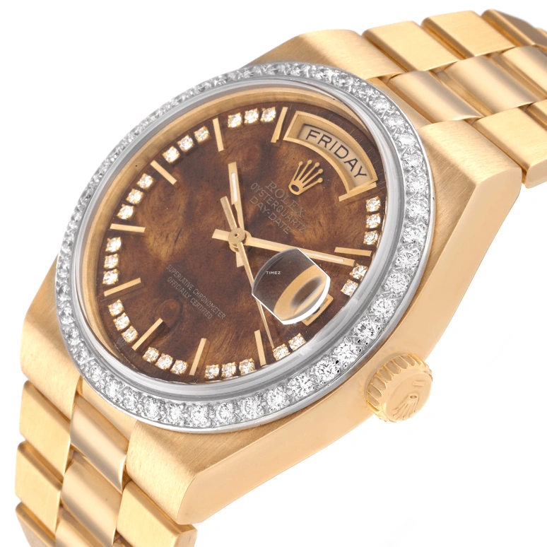 Rolex,Day-Date 36 36mm,36mm,Yellow Gold,Brown,Quartz,Date,Day,19048 Wood Diamond